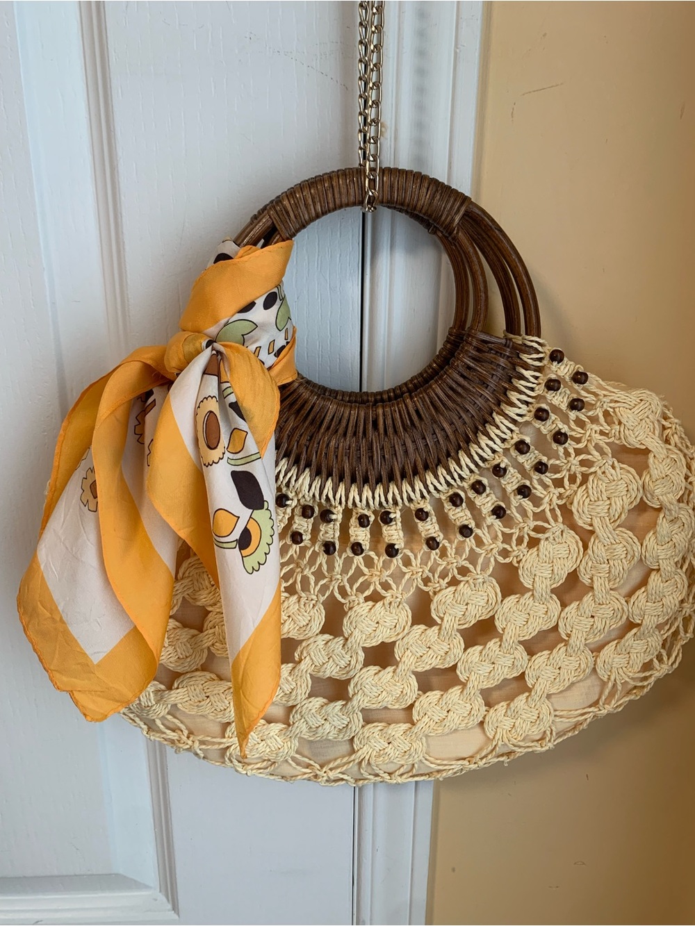 Yellow Crochet Straw Satchel rattan handles
